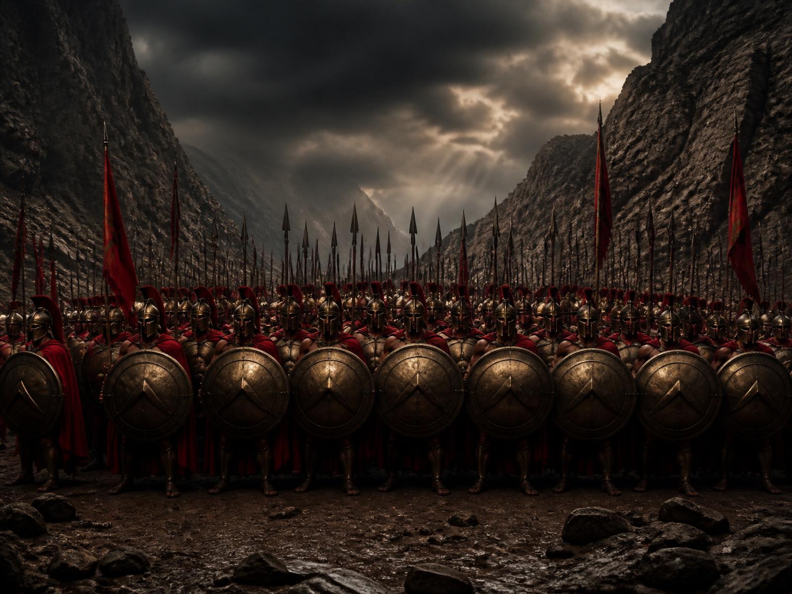 Spartan phalanx of 300 warriors standing in formation